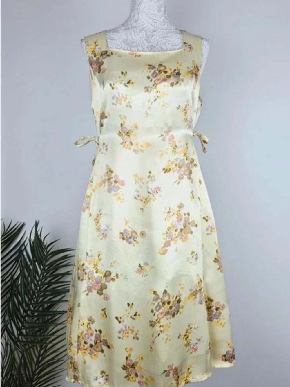 Light Yellow Floral Maxi Dress with Side Ties - Feminine A-Line